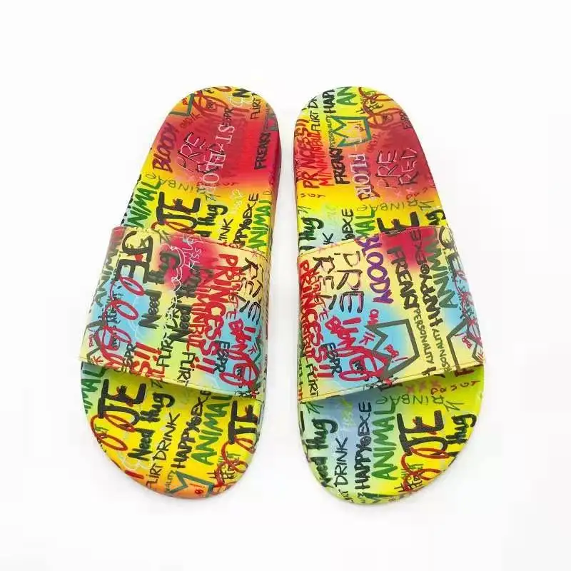 

Summer 2021 high street graffiti slides women trendy slippers outdoor flat beach shoes, 2 colors as picture