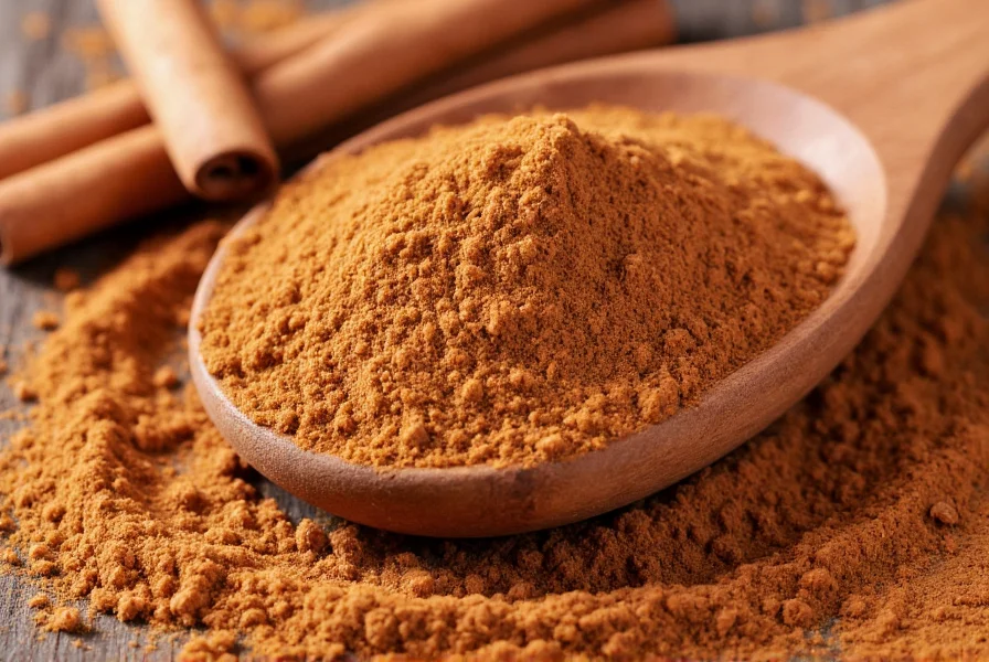 Close-up of ground cinnamon in a wooden spoon with cinnamon sticks arranged around it, showing the texture and color of high-quality ground cinnamon