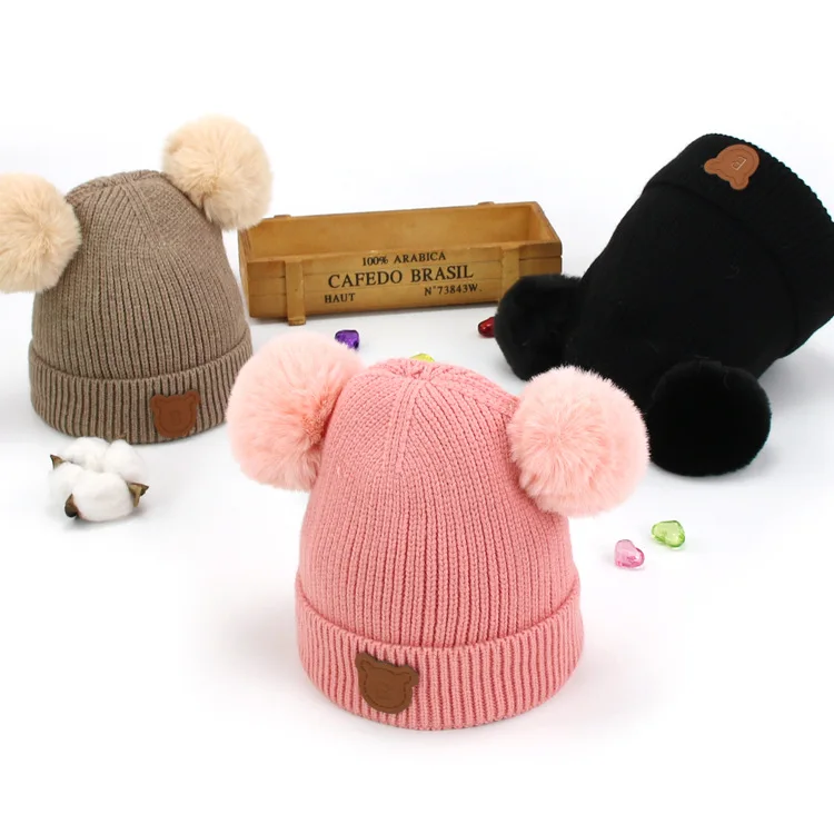 LRT Wholesale Winter Custom Logo Kids Brushed Hat Pure Color Earflaps Cap Cute Bear Baby Knitted Hat With Pom Pom Ears