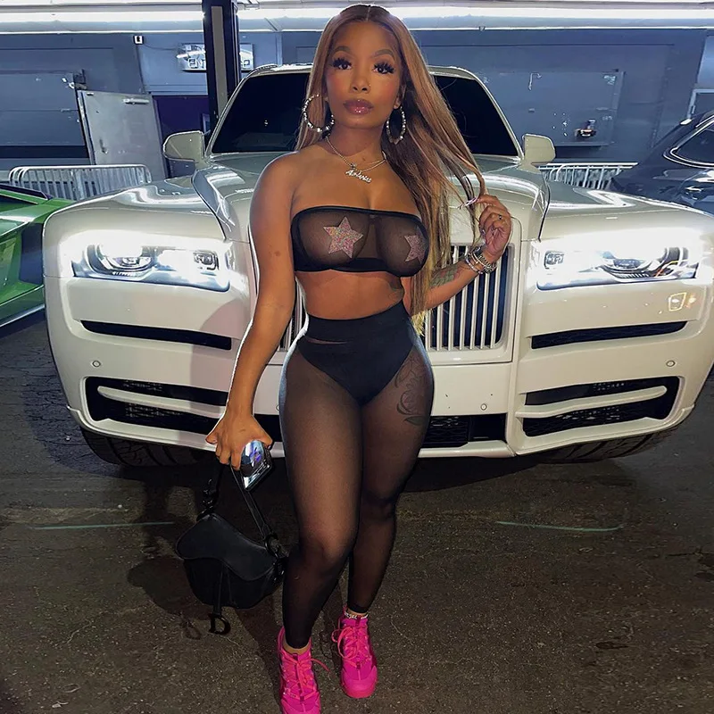 

Fashion Sexy Good Quality See Through Mesh Strapless 2 Piece Club Night Woemen Set