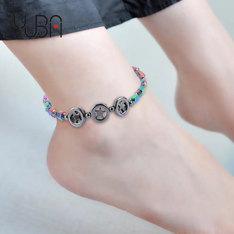 

Circle five star pendant magnetic black stone bead anklet AB color Health Care Magnet anklets For Women