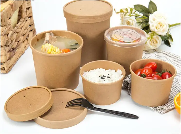 
Eco Friendly Compostable Takeaway 8oz 12oz 16oz 26oz 32oz Biodegradable PLA Kraft Paper Disposable Noodle Soup Cup Bowl with Lid 