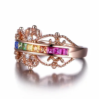 

Wish Hot Selling Engraved Multi Color Crystal Crown Eternity Ring Rainbow Color Cubic Zircon Crown Ring Anniversary Box Ring