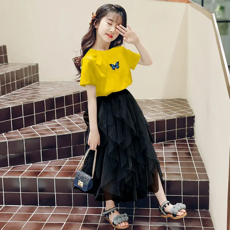

New style spring autumn teen girls 2 pcs clothing set short sleeve butterfly shirt + layered tulle skirt clothing set for girls, Picture shows