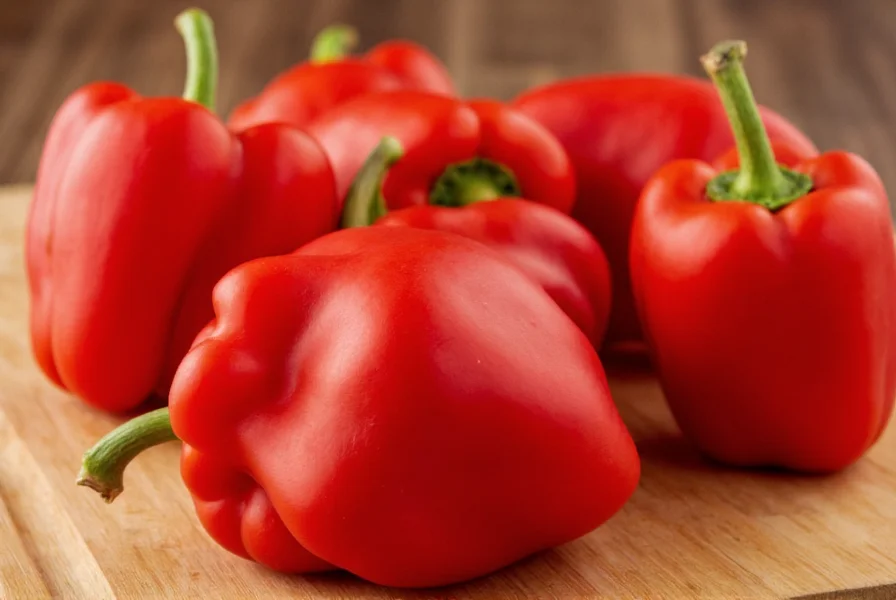 Close-up of vibrant red bell peppers showing their glossy skin and rich color on a wooden cutting board