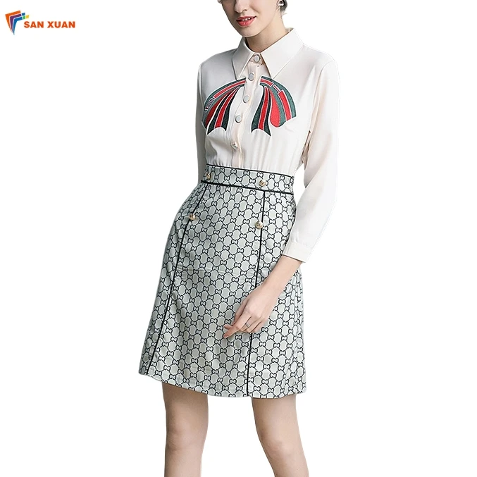 New fashion a-line slim single-breasted turn down collar long sleeve printed patchwork women high quality vintage midi dress