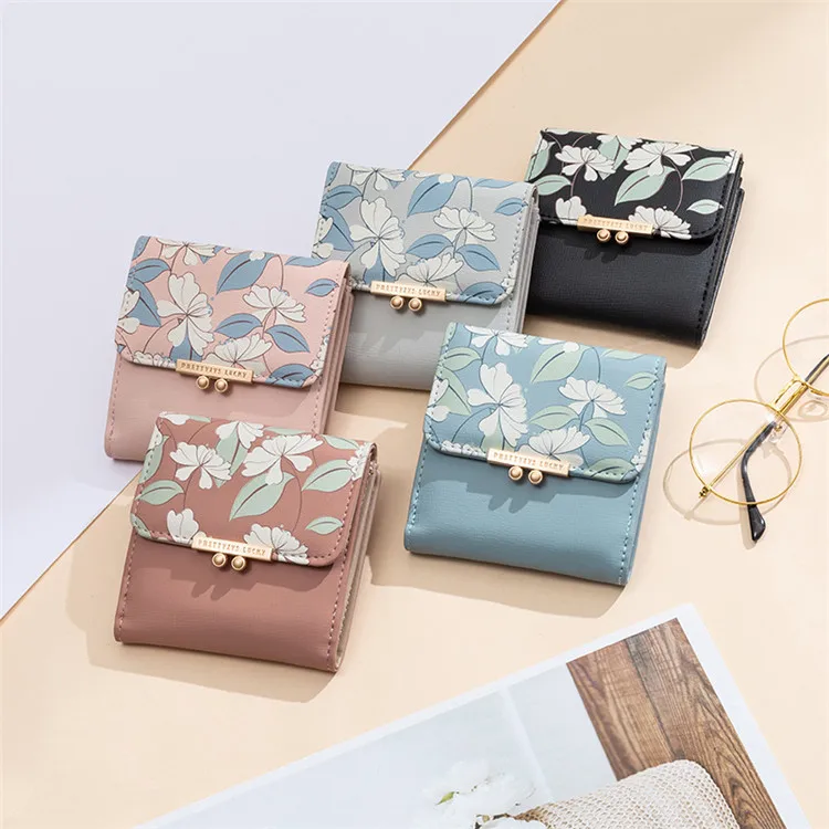 

Wholesale Printed Girls Small Wallets With Flower Pattern Leather Mini Trifold Purse Credit Card Holder Change Coin Pockets, Light gray/black/pink/blue/dark pink