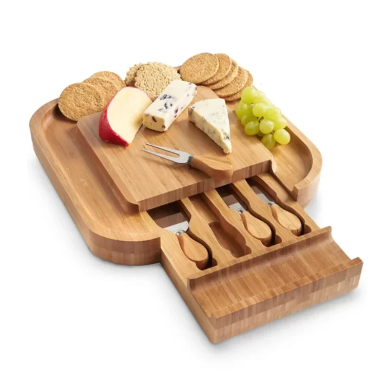 

New Eco-friendly Products 13.6 Inches Meat Platter Wooden Serving Bamboo Cheese Board with Knife Set
