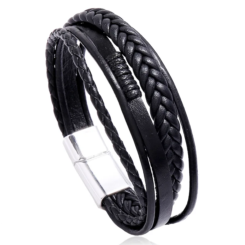 

Wholesale Silver Black Buckle Men Wristband Jewelry Classic Braided Wrap Around Leather Bracelet