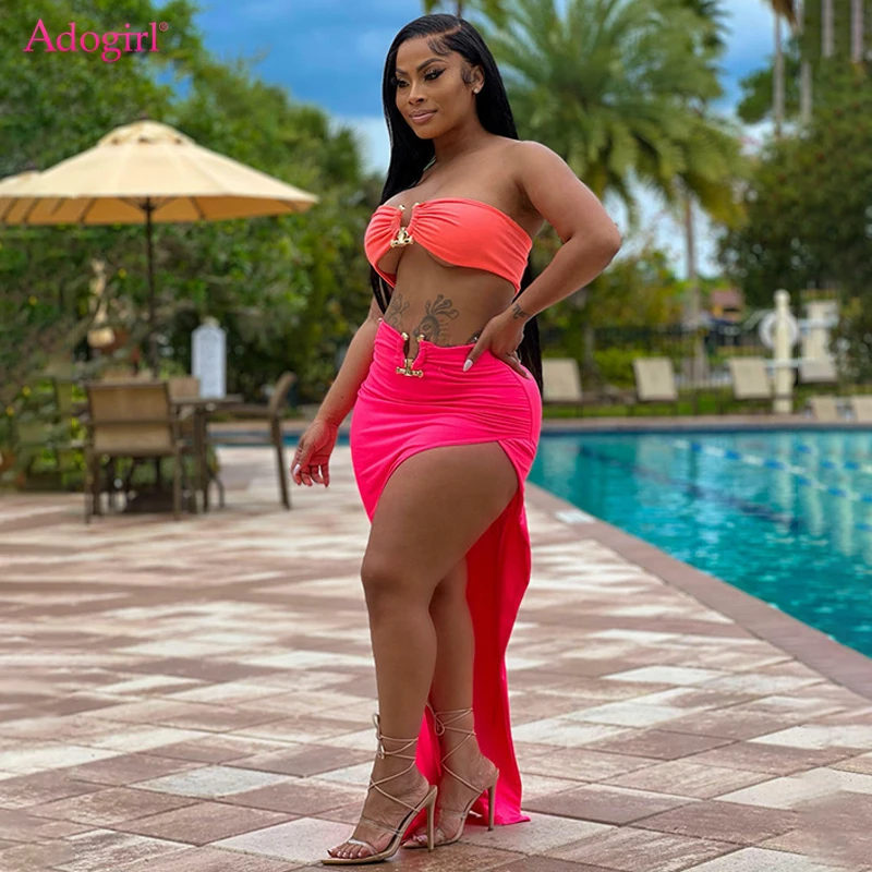 

S-5XL Color Patchwork Two Piece Set Dress Metal Ring Women Sexy Strapless Crop Top High Split Maxi Skirt Club Party Wear
