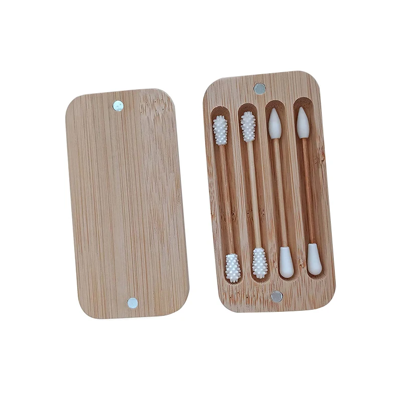 

eco friendly 4 pack bamboo swab silicone buds without coating bamboo storage case, Bamboo color