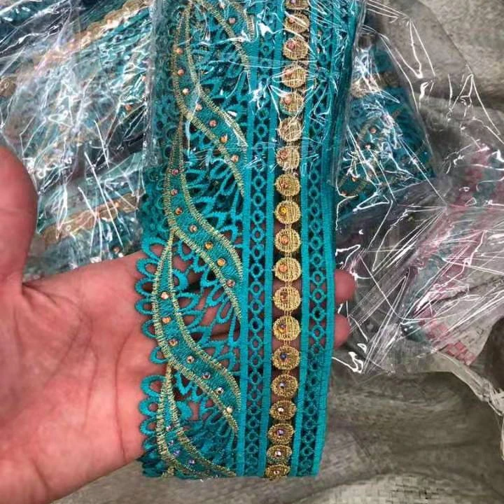 

Multi-colored Lace Trimming Nigerian Lace Trim with Decorations, Blue