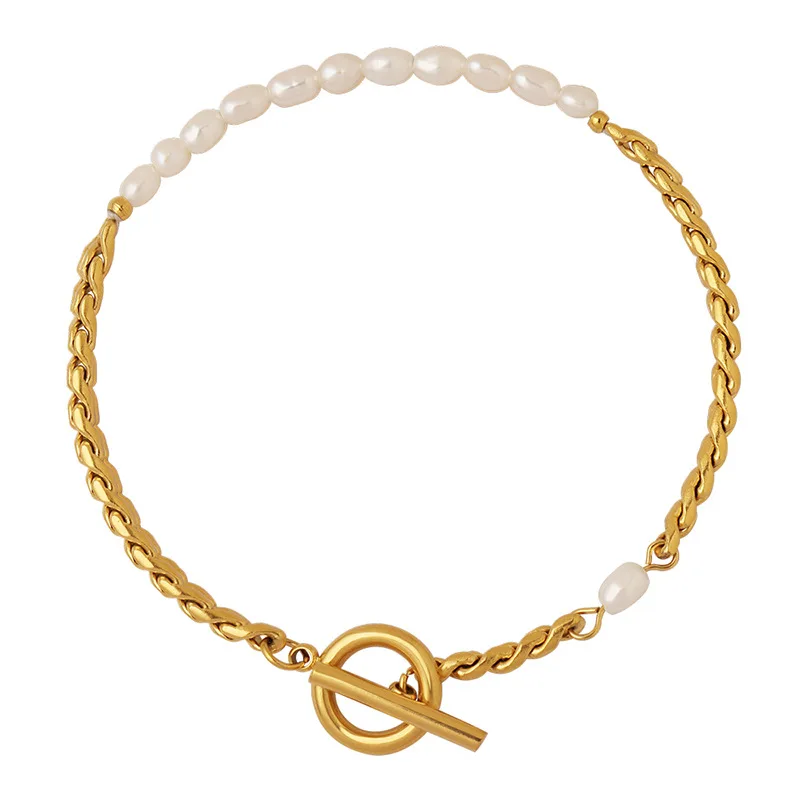 High End Gold Plated Stainless Steel Fresh Water Pearl Mixed Chain Toggle Bracelet for Women Wholesale Jewelry