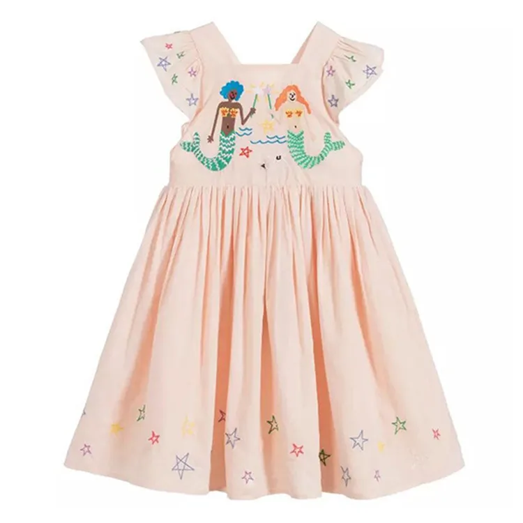 

Girls Little Mermaid Embroidery Pink Cotton Dresses Kids Summer Hand Embroidered Dress for 1-10 Years Girl