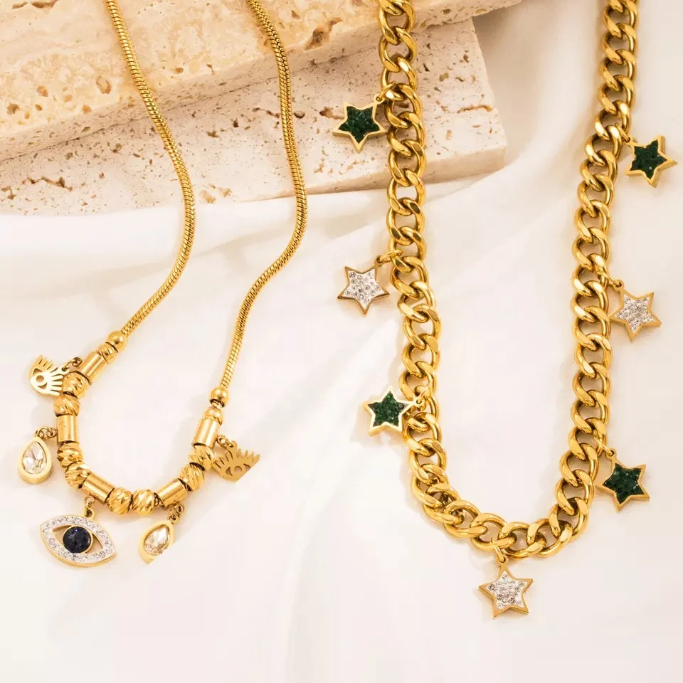 Vintage Stainless Steel 18K Gold Plated Chain Eye Star Charm Necklace for Women Jewelry Sweater Chain