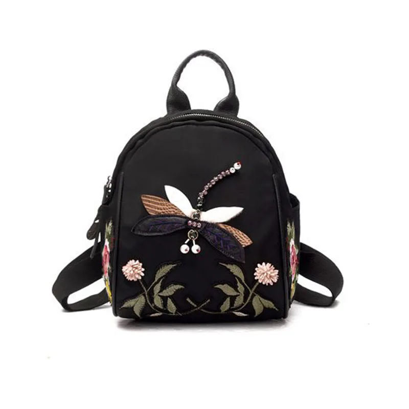 

National Style Women's Girl Large Capacity Shoulder Bag Vintage Embroidery Handmade Dragonfly Women Casual Backpack, Black