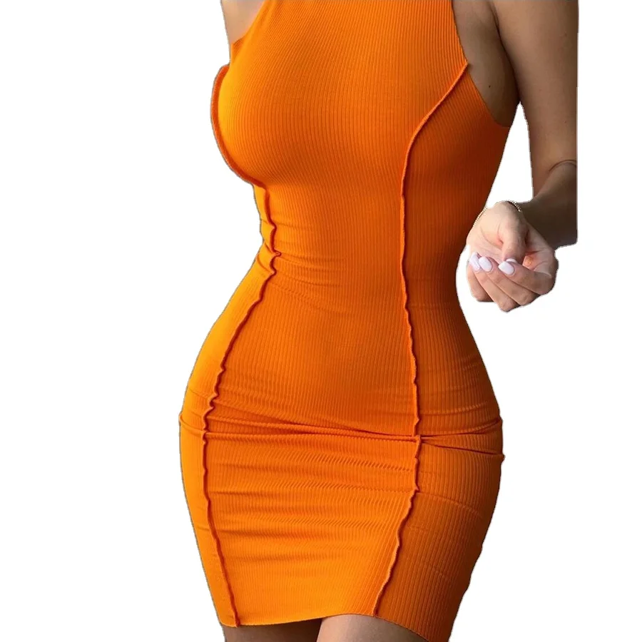 

AYP2038 Newest Plain Butt-Lift Stitching One Piece Dress 2021 Casual Sleeveless Knit Bodycon Dress Women