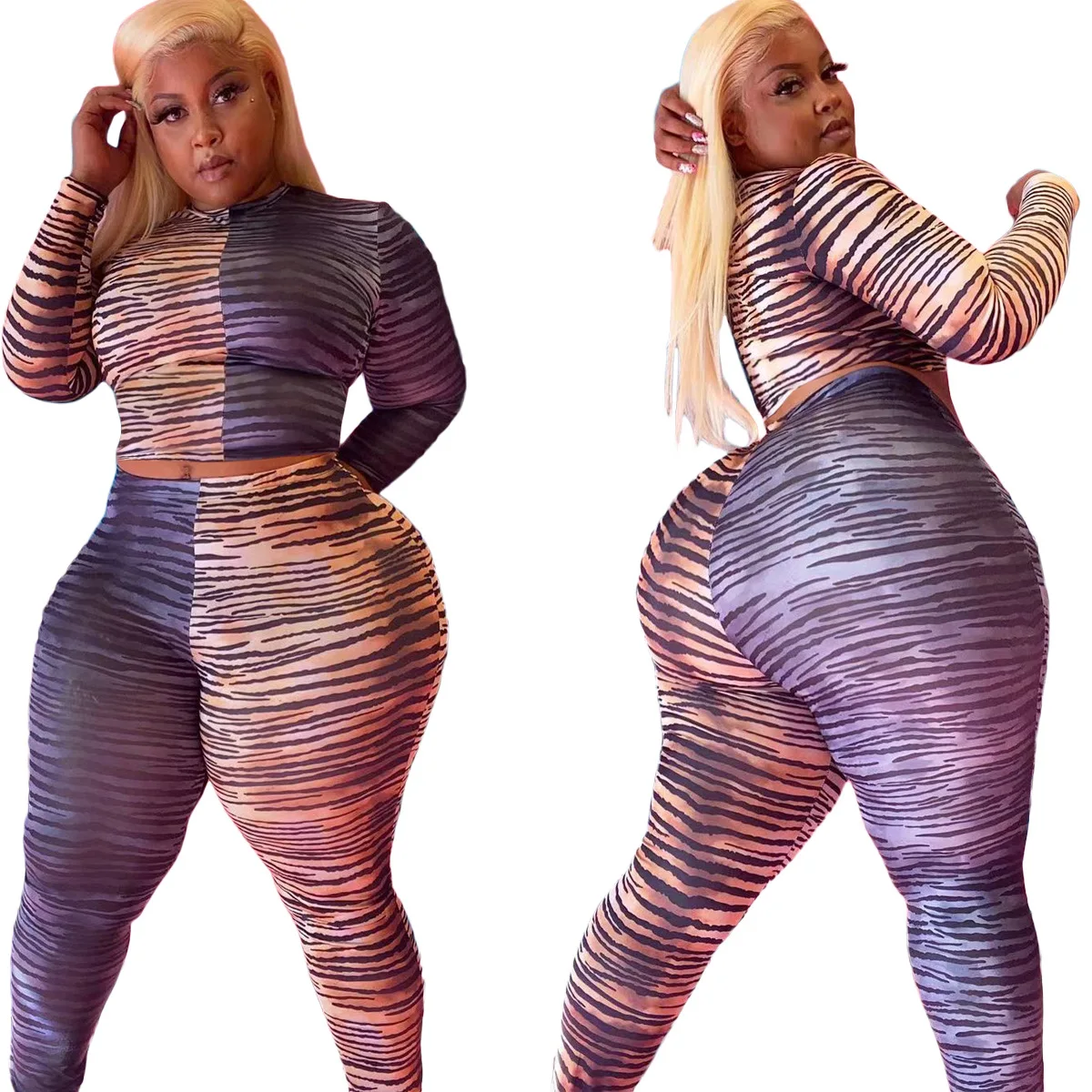

Women Leopard Pattern Printing Plus Size 5XL 4Xl 3Xl Extra Long Sleeve Casual Two Piece Set, Customized color
