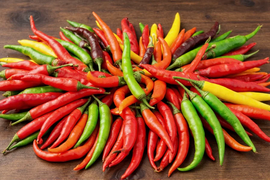 Colorful display of various chili peppers from around the world arranged by region on wooden table