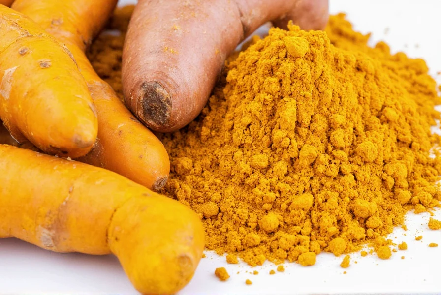 Close-up view of fresh turmeric root next to ground turmeric powder showing the natural spice in both forms
