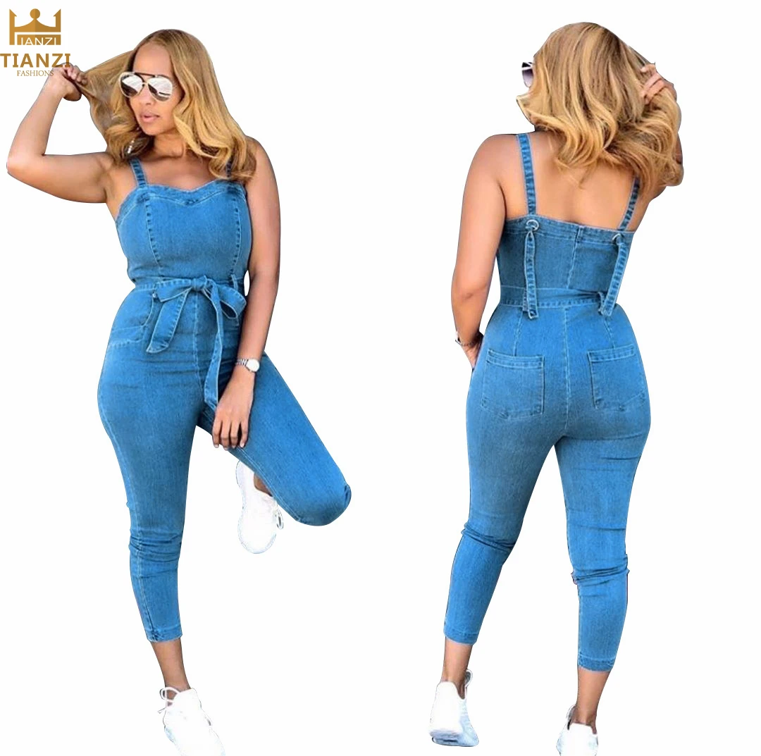 

S61017 - women fashionable solid sleeveless denim one piece jumpsuit