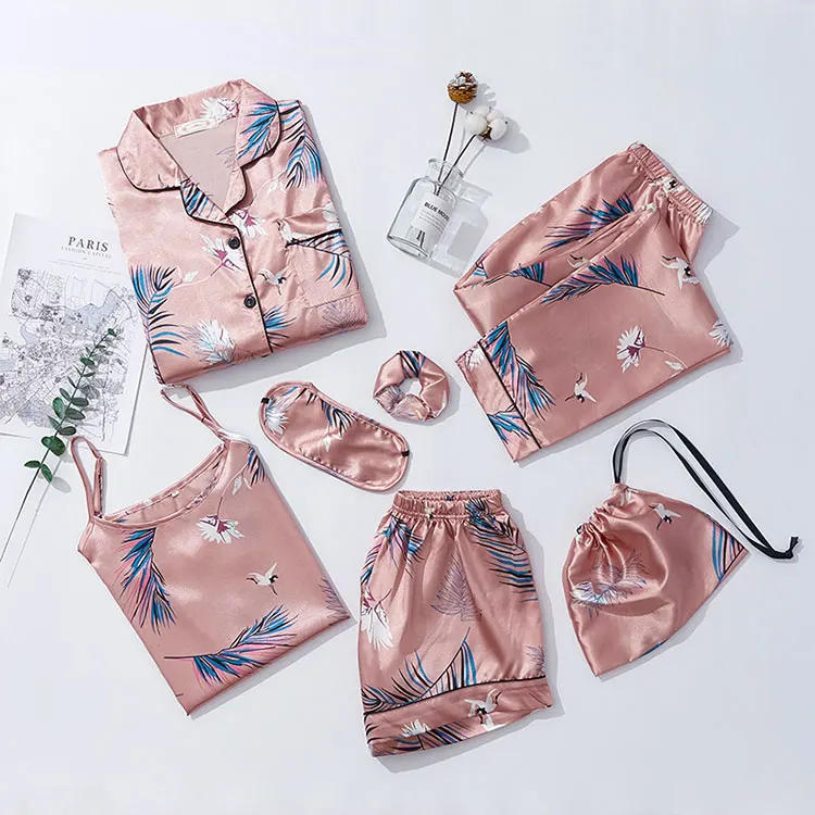 

Satin Sexy Lace Pajamas 7 Pieces Set Pyjama Silk Homewear Spaghetti Strap Pijama Women Sleepwear, Customized color