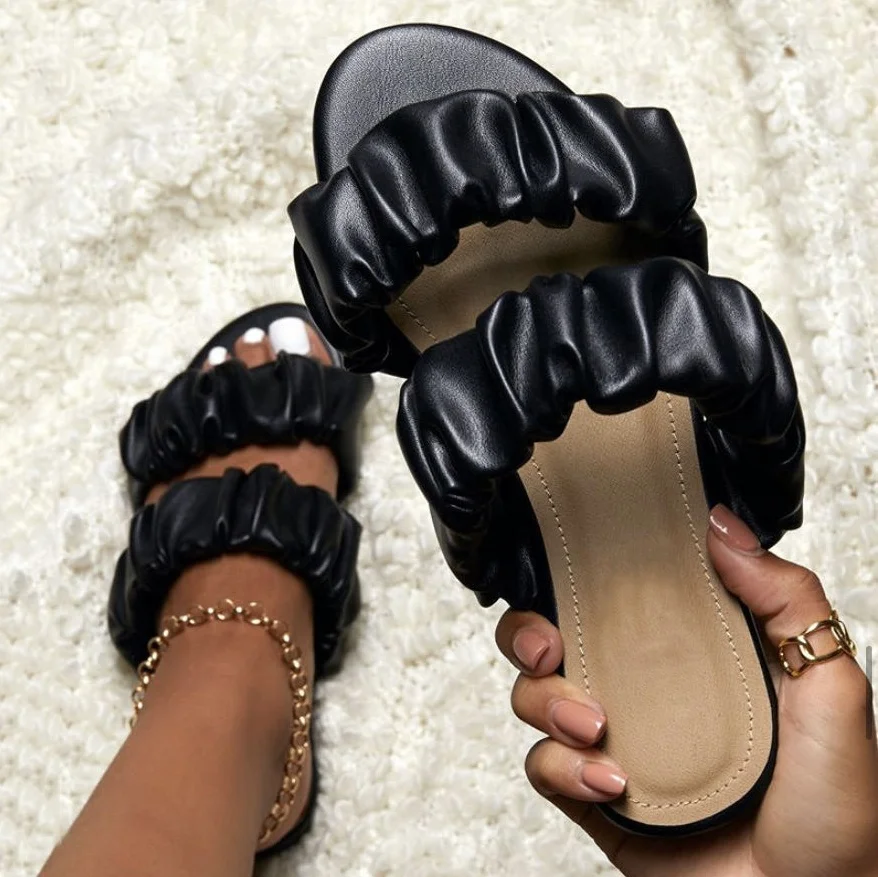 

Simple Daily Double Band Women Flat With Slippers Open Round Toe Summer Slides Shoes Sandals Big Size 42, Black,white,apricot