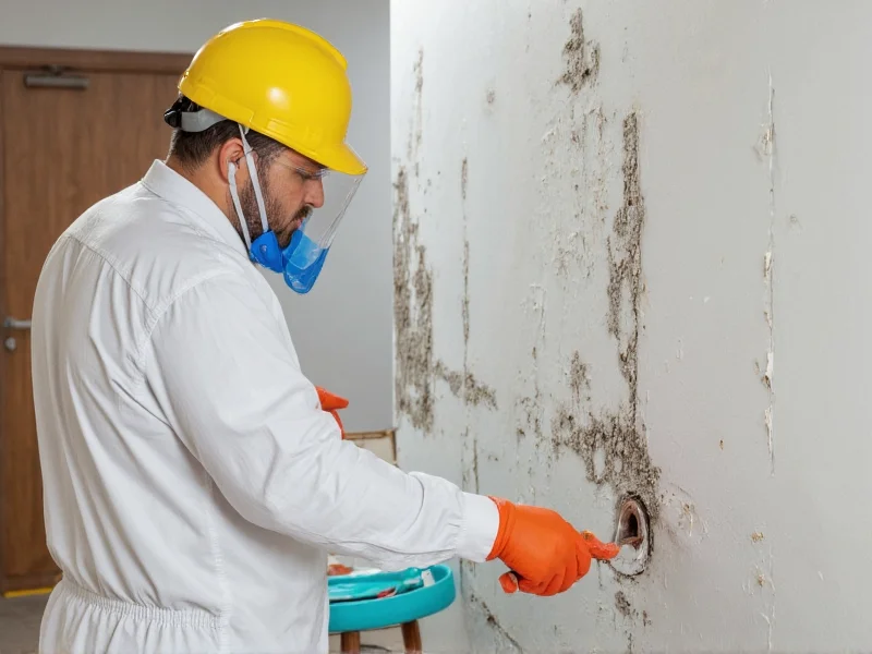 Person wearing full safety gear during mold remediation process