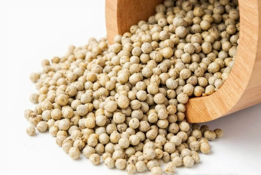 Close-up of white ground pepper in a grinder next to whole white peppercorns