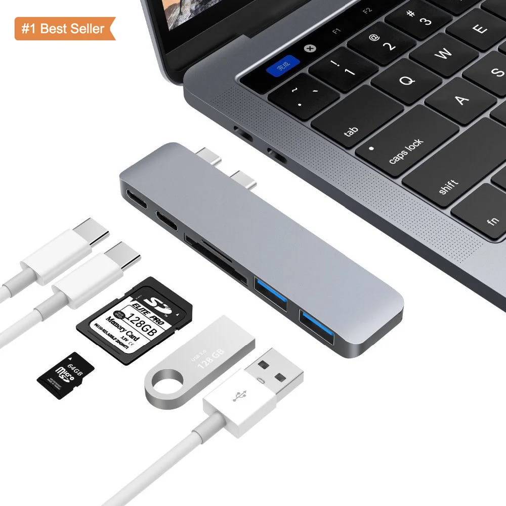 

6 IN 1 Adaptador USB C HUB Thunderbolt de aluminio portatil Dock Dual Type-C 3.0 Leitor de cartao de saida de video TYPE-C, Gray ,silver