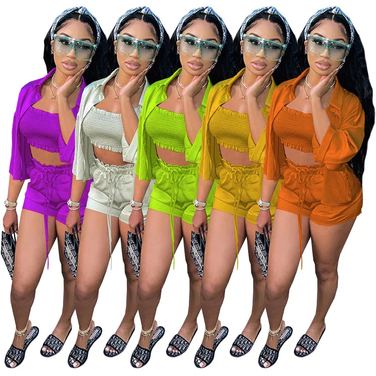 

2021 Elegant 3 Piece Biker Short Set Pleated Women Clothing Solid Color 2 Piece Jogger Yoga Set With Shirt