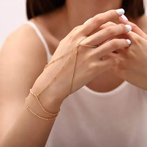 

Boho Finger Bracelets Ring Hand Chain Wedding and Beach Slave Bracelet Jewelry for Women and Girls, Gold color