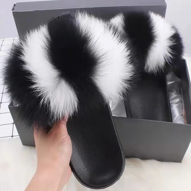 

Stable Quality Raccoon Fur slides Soft Sandals Wholesale Women Slippers Natural Color Fur Slides, Customized color