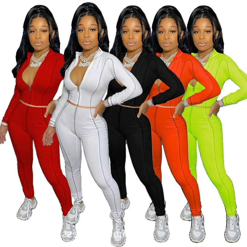 

2021 fall new arrivals neon woman jogging suits casual women clothing running 2 piece set