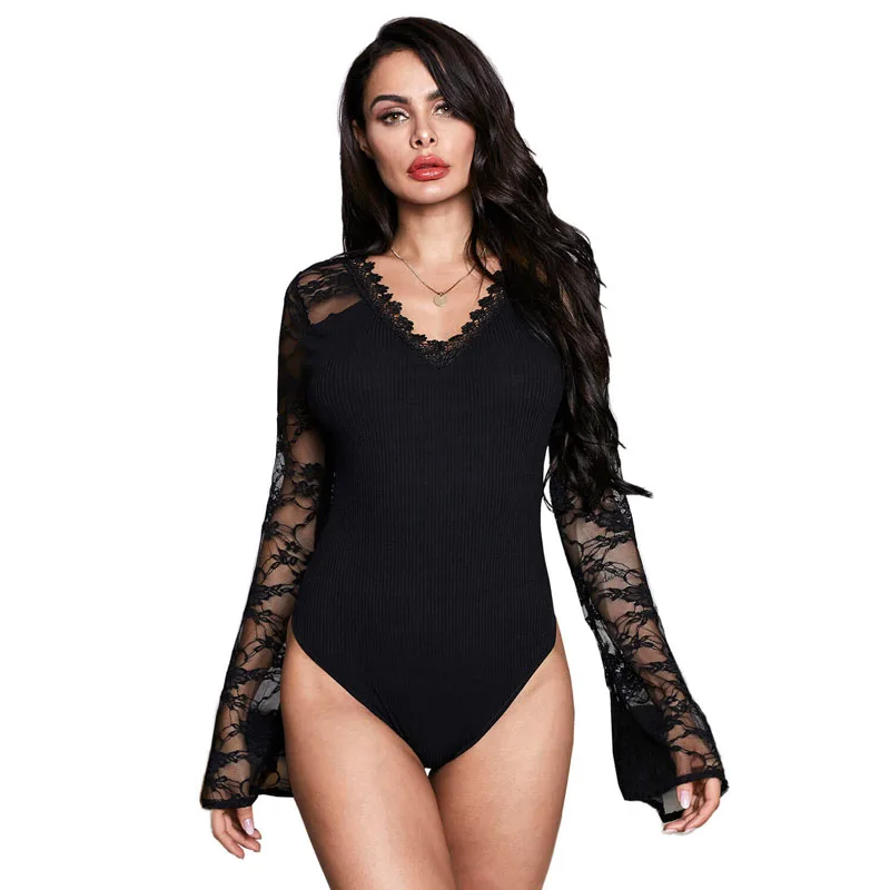 

Sexy V Neck Pine Sleeve Hollow Out Flare Lace Sleeve Ribbed Bodysuit