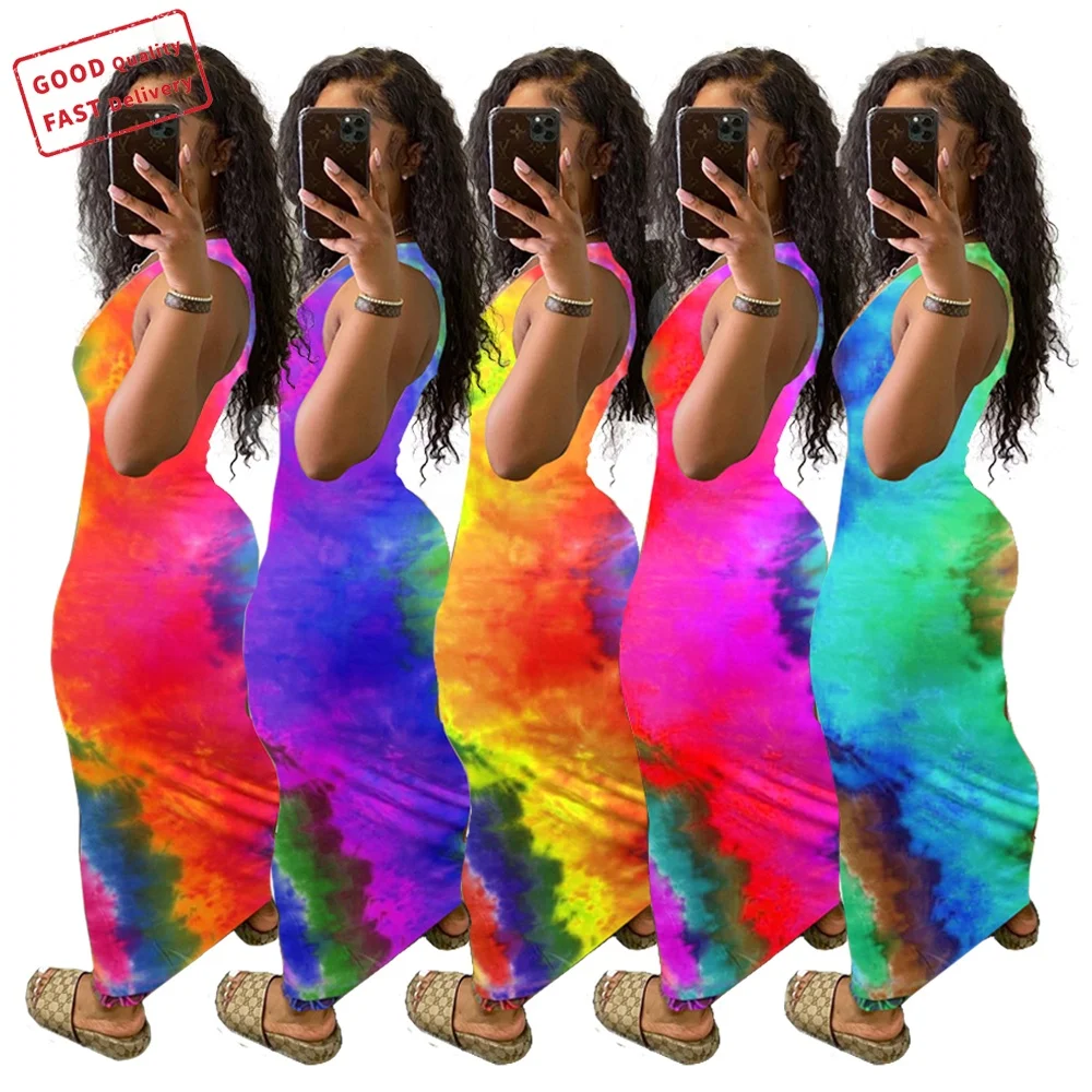 

GQ2512 2021 new arrivals summer dress women tie dye hollow out long plus size dress casual dresses, Picture color