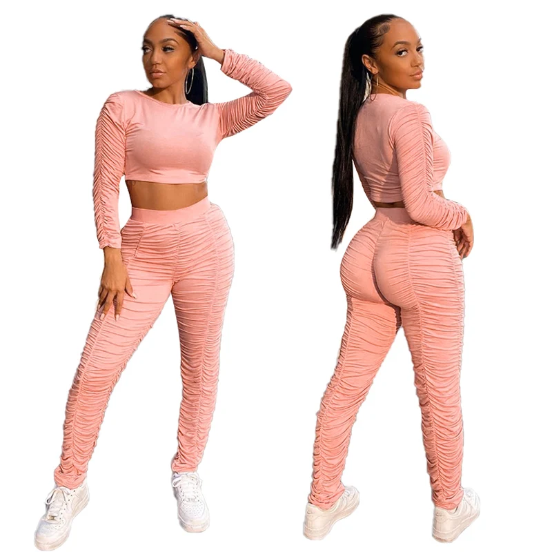 

2020 Fall Candy Color Ruched Long Sleeve Sweatshirt Top Tracksuit Set Bodycon Leggings Pant Women Stretchy Two Pieces Set, Picture color