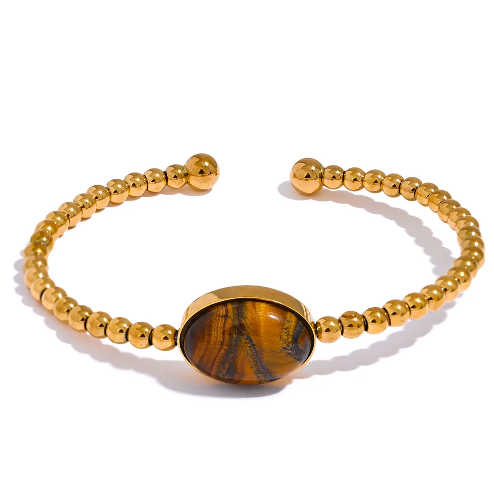 

JINYOU 2370 Natural Tiger Stone Stainless Steel Circle Cuff Bracelet Bangle Open Gold Fashion Women Statement Jewelry Bijoux