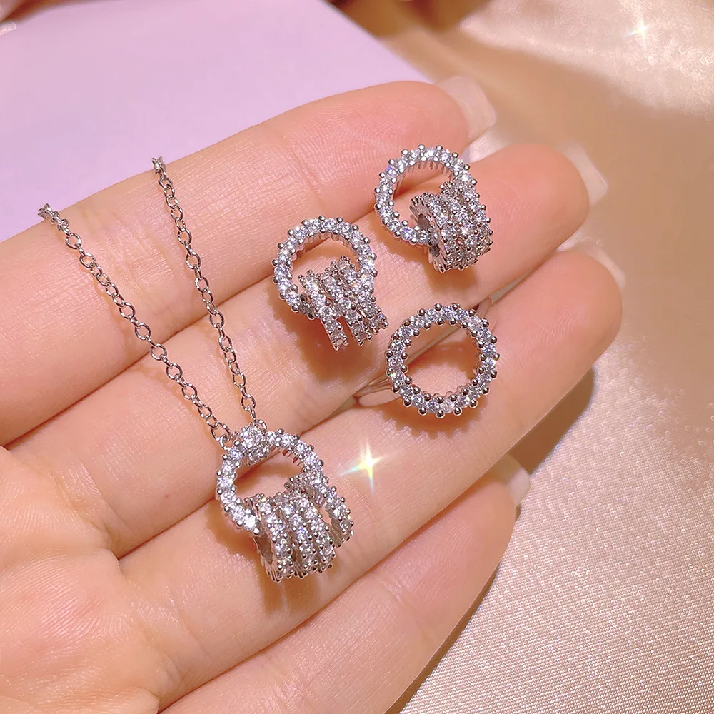 

Fashion Hot Selling Inlaid Zircon Luxury Shiny Geometric Necklace Jewelry Set For Women