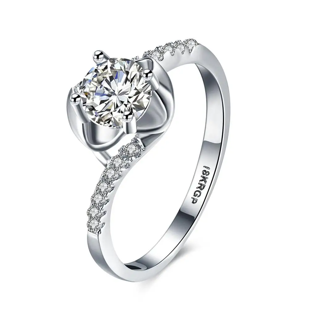 

Rhodium Plated Round Cut Cubic Zirconia CZ Statement Solitaire Engagement Ring Prong Set Simulated Diamond Wedding Ring