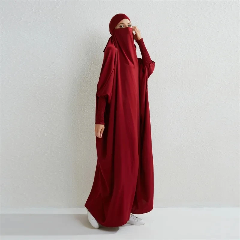 

Dubai modest Muslim khimar hijab Abaya Hooded Smocking pleated Sleeve One-piece Prayer Dress Women Jilbab Islamic Clothing