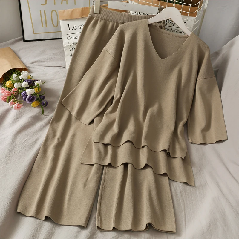 Wholesale 2026 Autumn New V-neck Half-sleeve Loose Knitted Sweater Elastic Waist Shows Thin Drape Wide Leg Pants Women's Set