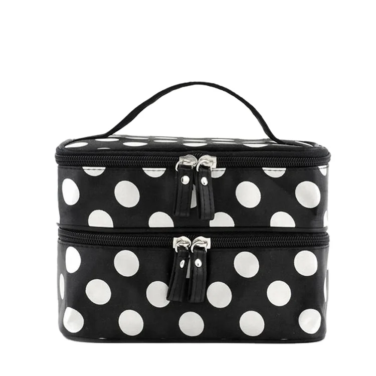 

Personalised double layer white dot printing big cosmetic bags makeup case with mirror