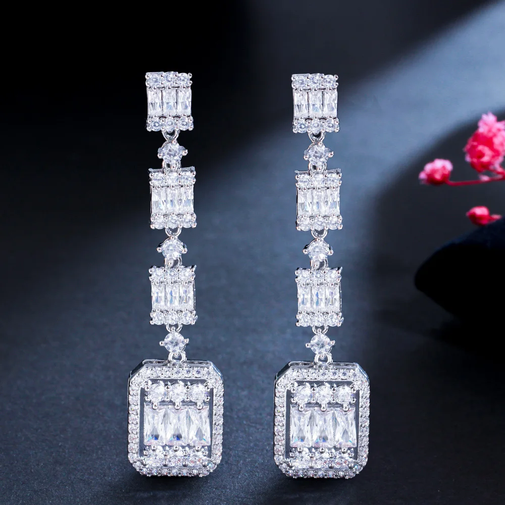 Gorgeous White Baguette CZ Long Dangle Party Earrings for Women Chic Cubic Zirconia Engagement Wedding Bridal Jewelry