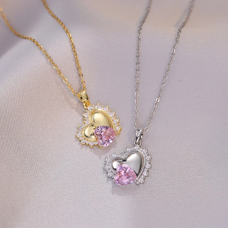 

Fashion Women Stainless Steel Necklace Zircon Heart Crystal Pendant Necklaces Jewelry