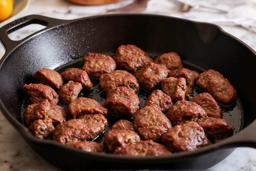Perfectly seared beef chunks in cast iron skillet for chili beef recipe