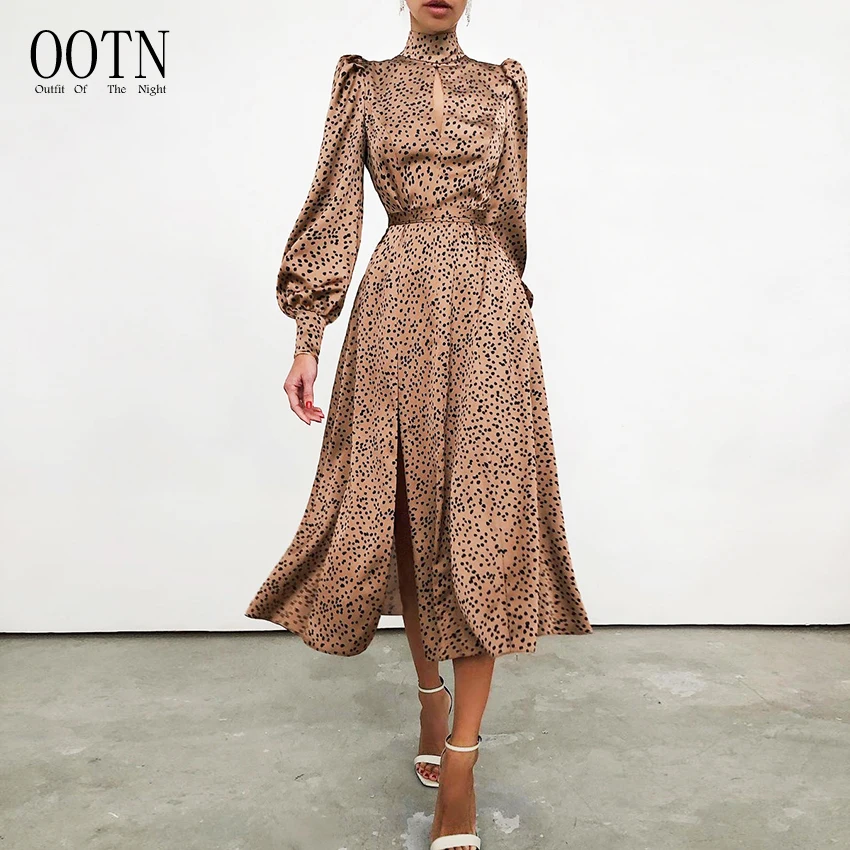 

OOTN Khaki Puff Sleeve Women Satin Dress Split Pleated A-Line Long Dresses Spots Hollow Out Turtleneck Polka Dot Dress