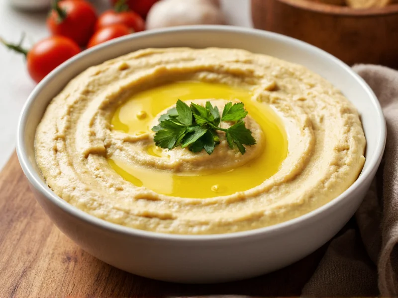 Creamy hummus in bowl with olive oil drizzle and parsley