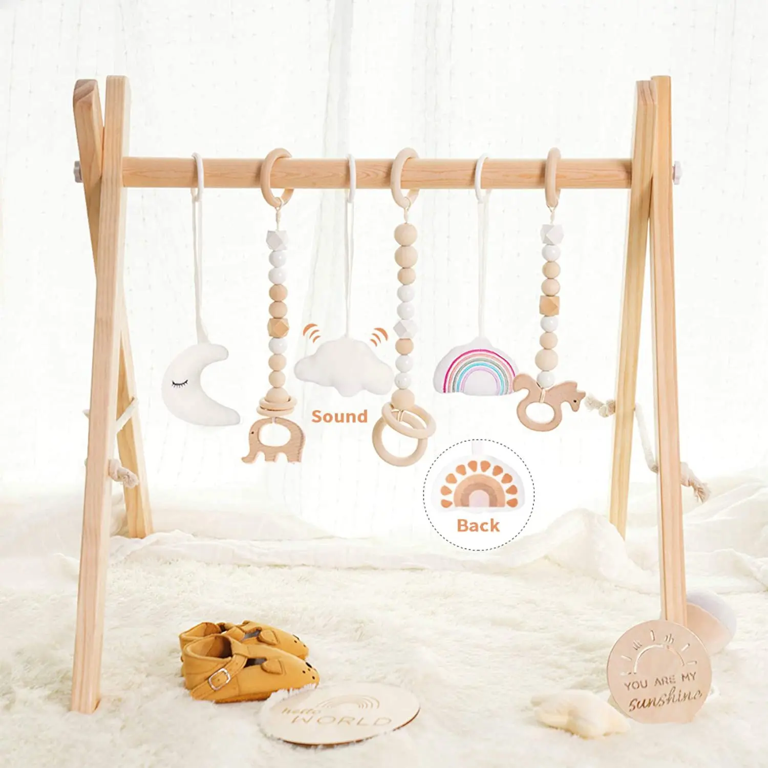 

INS Decoration Nordic Style Wooden Baby Play GYM Decoration Six Piece Set Newborn Baby Fitness Rack Children's Toy Bell