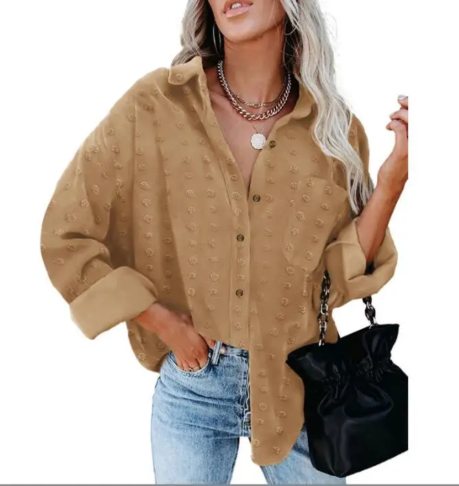 

Womens Turn-down Collar Chiffon Blouse Pom Pom Long Sleeve Button Loose Shirt Tops